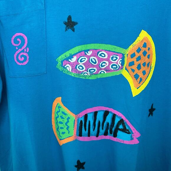 Cover Charge Vintage Beach Summer Colorful Fish Print Blue Short Sleeve Maxi L - Picture 3 of 6